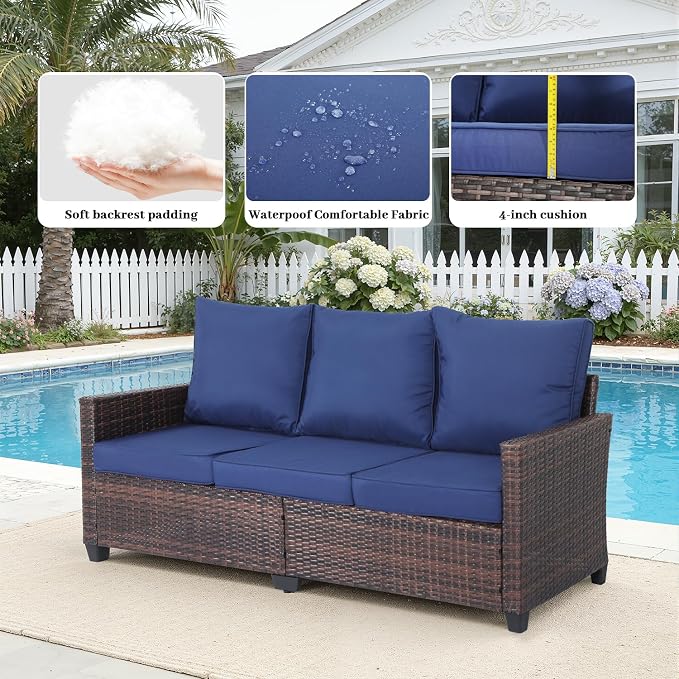 EortheX 3-Seat Rattan Wicker Outdoor Patio Sofa Garden Deck Porch, Blue | weather-resistant PE rattan,quick-dry anti-slip cushions,for garden/deck/porch,rust-resistant frame,easy assembly,small space