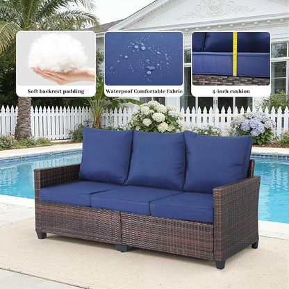 EortheX 3-Seat Rattan Wicker Outdoor Patio Sofa Garden Deck Porch, Blue | weather-resistant PE rattan,quick-dry anti-slip cushions,for garden/deck/porch,rust-resistant frame,easy assembly,small space