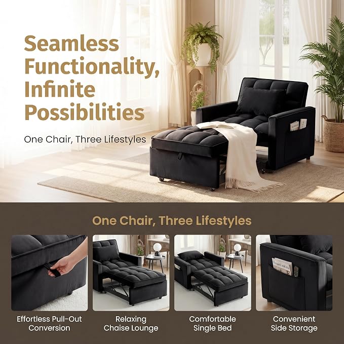 Sleeper Chair, Pull Out Chair Sleeper with Adjustable Back & Pocket, Convertible Chairs Bed Sleepers for Adults, 3 in 1 Sofa Bed Chairs for Small Spaces, Living Room, Black