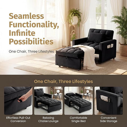 Sleeper Chair, Pull Out Chair Sleeper with Adjustable Back & Pocket, Convertible Chairs Bed Sleepers for Adults, 3 in 1 Sofa Bed Chairs for Small Spaces, Living Room, Black