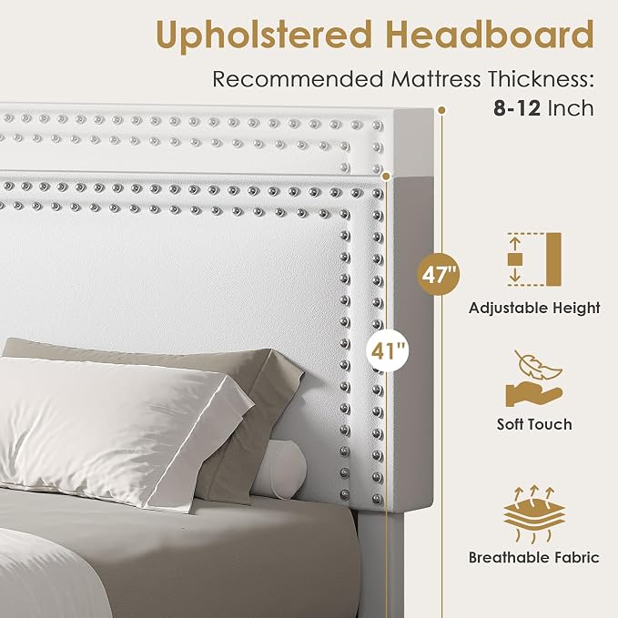 VECELO King Bed Frame with Rivet-Tufted Headboard & Footboard, Upholstered Platform Bed with Wood Slats Support, No Box Spring Needed, Noise-Free, Easy Assembly, White