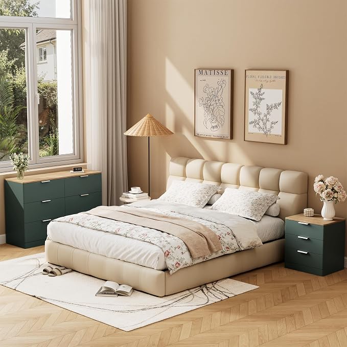 3 Pieces of Dresser and Nightstand Set,47.2" Width 6-Drawer Dresser & 3-Drawer Nightstands Set of 2 w/Metal Handle, Modern Design for Bedroom,Green & Brown