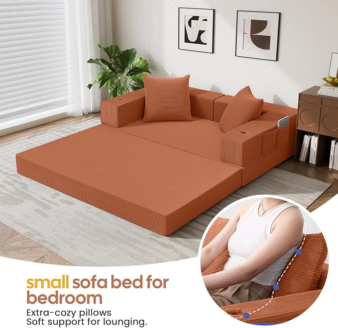 COMAX Futon Sofa Bed, Convertible Sofa Bed, Folding Boneless Couches | Boneless Couch for living room, Fold Out Small Foldable Loveseat Floor Sleeper Mattress Lounge Space‑Saving, Light Orange