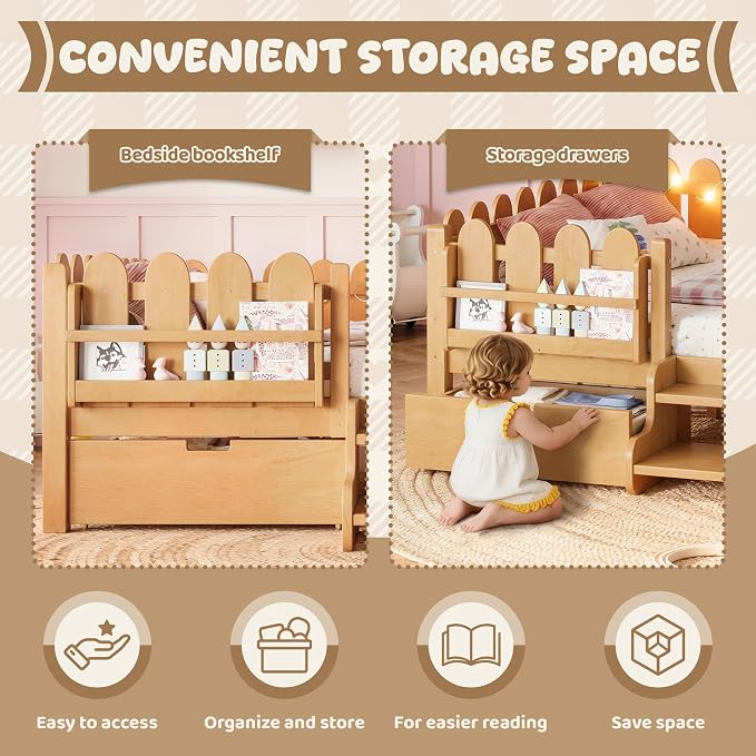 Bellemave Queen Size Montessori Bed with Stairs, Lights, Rails and Slats, Queen Size Montessori Floor Bed with Bookshelf and 2 Storage Drawers, Easy Assemble Beds Frame for Girls, Boys, Light Natural