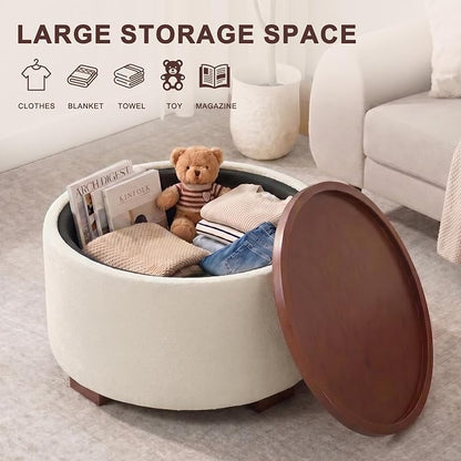 29.1 Inch Round Ottoman Coffee Table, Ottoman with Storage, Boucle Beige | Storage Ottoman with Removable Lid Top, Solid Wood Legs, Round Ottoman for Living Room, Bedroom, Apartments