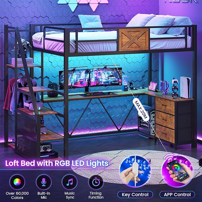 Itaar Stairway Twin Size Loft Bed with L Shaped Desk and Wardrobe, Metal Loft Bed Frame with Storage Stairs, 3 Fabric Drawers, LED Lights & Charging Sation (Rustic Brown, Twin)