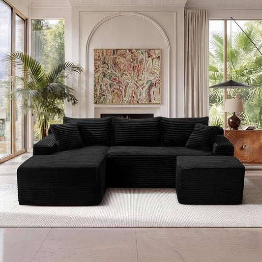 95-Inch U-Shaped Left Facing Corner Compressed Sofa Modular Sectional Boneless Cloud Sofa Floor Foam Couch W/Chaise Lounge & Ottoman, Corduroy Corner Boneless Cloud Couch