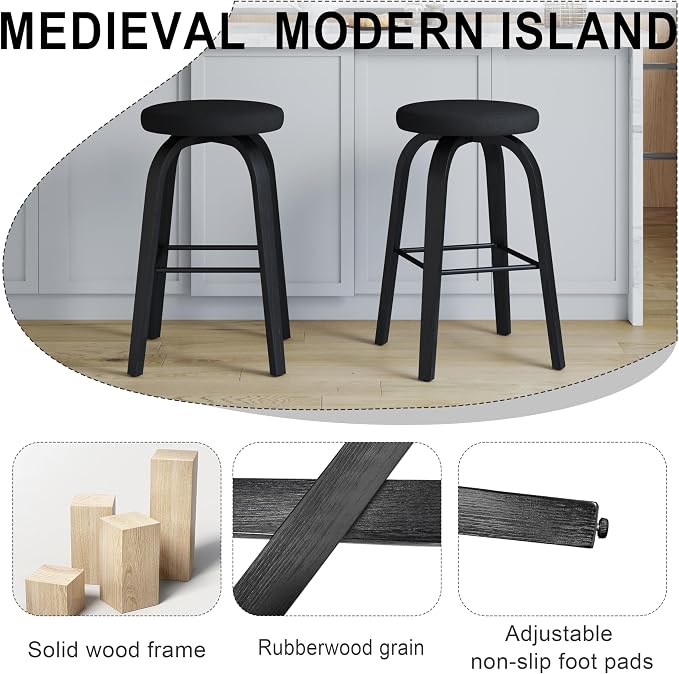 Bar Stools Set of 2, Counter Height Backless Bar Stools, 30" Swivel Barstools Kitchen Chair with Upholstered Fabric Seat, All Black