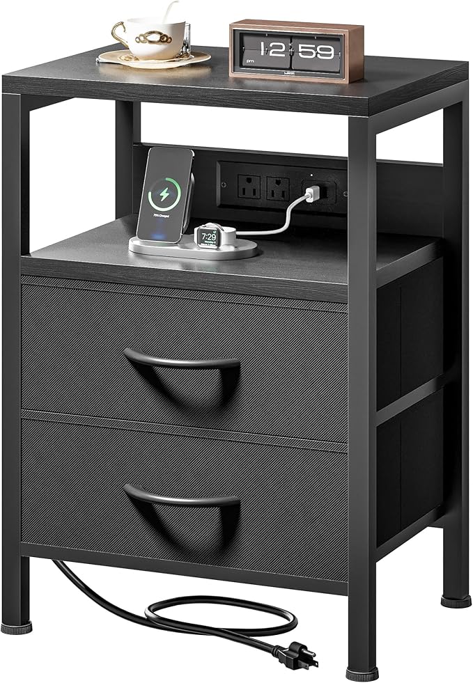 Lazzanto Nightstand Bedside Charger Table for Bedroom - Night Stand with Charging Station, Modern Nightstand with Open Shelf & 2 Fabric Drawers, Bed Side Table with USB-C Port for Dorm, Black