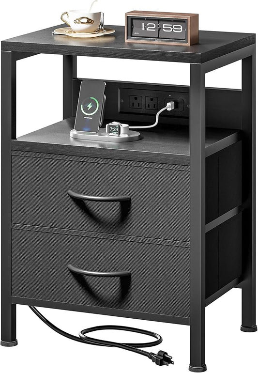 Lazzanto Nightstand Bedside Charger Table for Bedroom - Night Stand with Charging Station, Modern Nightstand with Open Shelf & 2 Fabric Drawers, Bed Side Table with USB-C Port for Dorm, Black