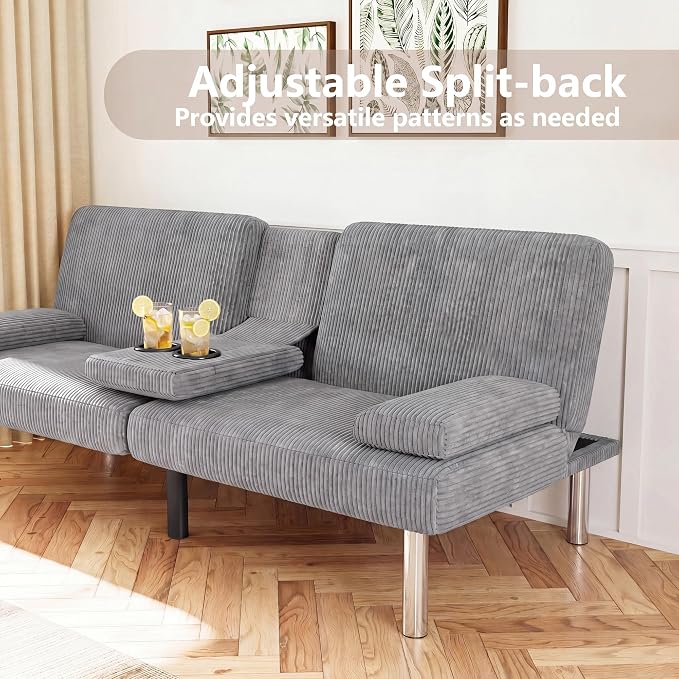 Flamaker Futon Sofa Bed Modern Folding Futon Set Convertible Recliner Lounge for Living Room with 2 Cup Holders, Removable Armrests (Corduroy, Marble Grey)