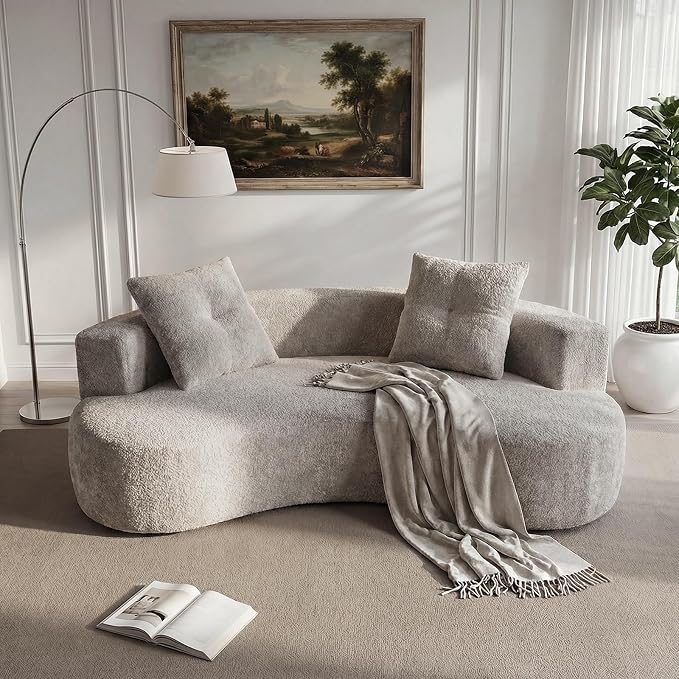 80'' Curved Loveseat Sofa Couch for Living Room, Deep Seat Cloud Boneless Floor Couch with 2 Throw Pillows, Comfy Chenille Floor Sofa, Modern Round Loveseat Sofa for Small Space (Camel, 80 Inch)