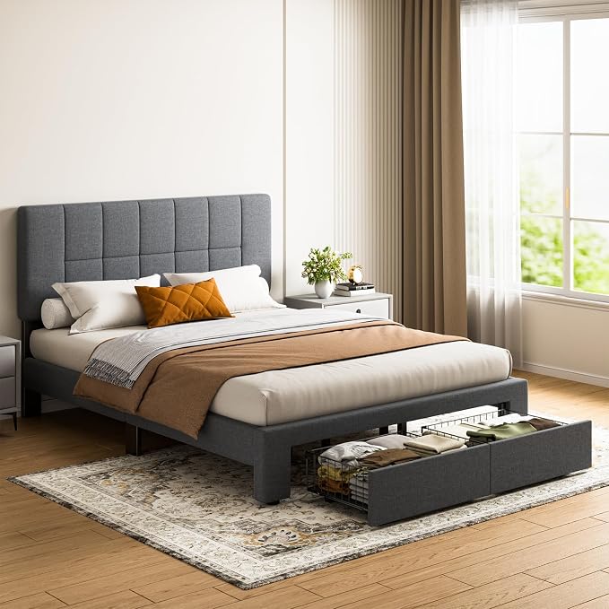 Marsail Full Bed Frame with 2 Storage Drawers, Sturdy & Durable with 12 Support Legs, 1300 lbs Capacity, Solid Wooden Upholstered Adjustable Headboard for 6″–12″ Mattresses, Easy Assembly, Dark Gray