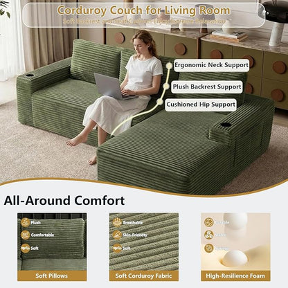 104" Cloud Sectional Couch L-Shaped with Side Pockets Cup Holders, Corduroy Boneless Couch for Living Room,Upholstered Deep-Seat Modular Sectional Sofa, No Assembly Required(Green,Right Facing Chaise)