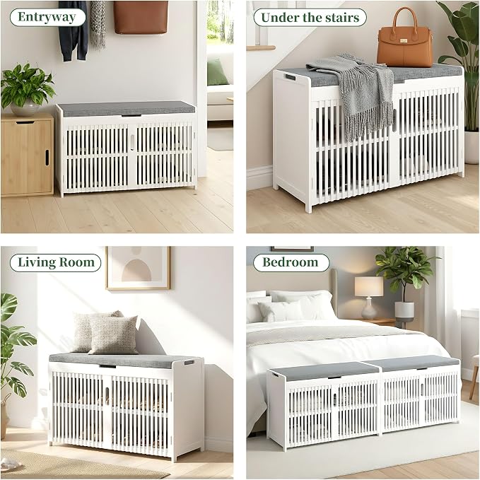 APRTAT Bamboo Shoe Storage Bench with Padded Cushion, 3-Tier Shoe Rack Organizer with 2 Ventilated Grille Doors for Entryway, Bedroom, Bathroom (White, Large)