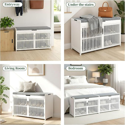 APRTAT Bamboo Shoe Storage Bench with Padded Cushion, 3-Tier Shoe Rack Organizer with 2 Ventilated Grille Doors for Entryway, Bedroom, Bathroom (White, Large)