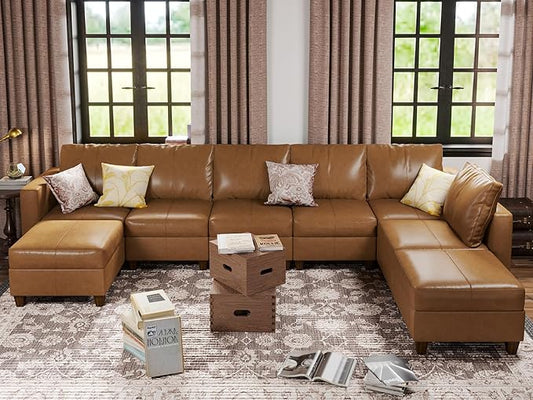 EASE MOOSE U Shaped Modular Sectional Sofa with Storage, Faux Leather Sectional Couch for Living Room,Brown
