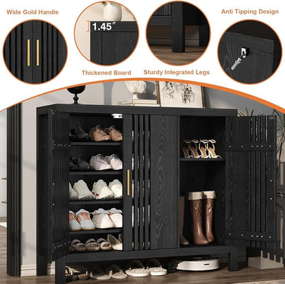 UNIQUITE Wooden Shoes Cabinet with 3 Doors and Adjustable Shelves, Retro Freestanding Shoe Organizer Cabinet for Entryway Hallway Living Room, 5-Tier Shoe Cabinet for 30 Pairs, Black