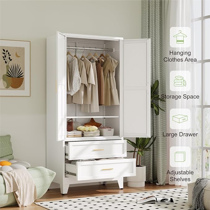 Baborokic Metal Wardrobe Cabinet with Hanging Rod,71" Armoire Wardrobe Closet with 2 Drawers,Farmhouse Bedroom Armoire,Storage Cabinets with Door and Shelves for Bedroom,Laundry Room(White)