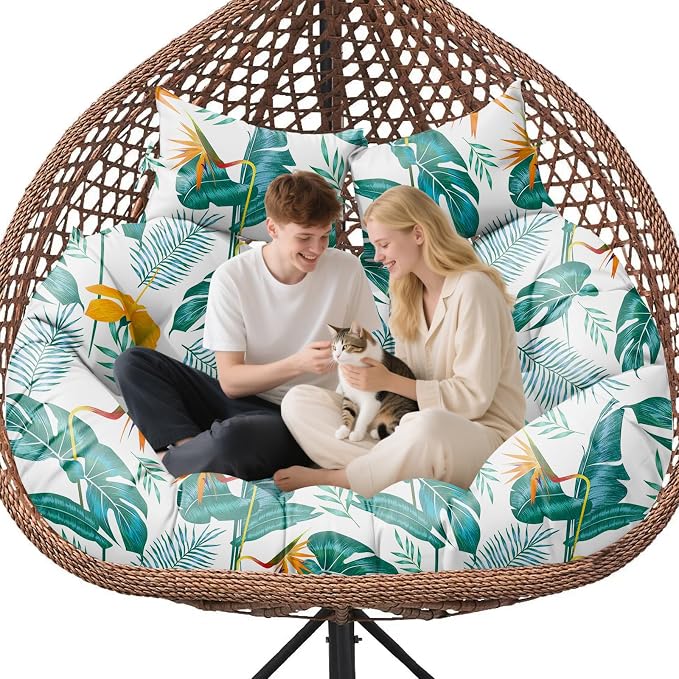 Double Egg Chair Cushion Replacement Waterproof for Outdoor Patio Hanging Basket Egg Chairs, 59x43-Inch Thickened 100% Cotton Large Double Eggs Swing Chair Cushions, Yellow-Green Leaf