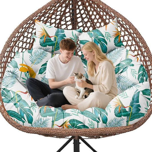 Double Egg Chair Cushion Replacement Waterproof for Outdoor Patio Hanging Basket Egg Chairs, 59x43-Inch Thickened 100% Cotton Large Double Eggs Swing Chair Cushions, Yellow-Green Leaf