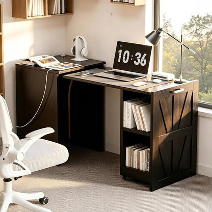 Folding Desk with Storage and Charging Station, Pull-Out Desk Cabinet with Spacious Desktop, Foldable Computer Table for Small Space, Black Oak