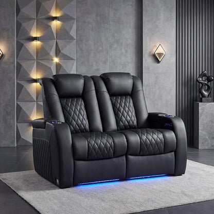 Weilianda Home Theater Seating Top Grain Leather Zero Gravity Recliner Chair Power Headrest Recline Movie Seat Gaming 7 Colors Mood Light Sofa with Tray Table USB Charge Row of 2 Loveseat Black