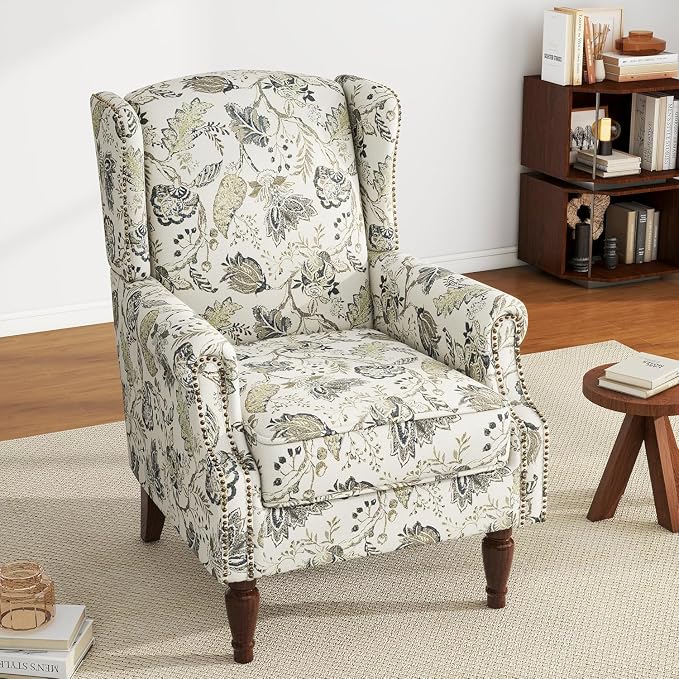 High Back Accent Chair, Fabric Upholstered Armchair Floral Wingback Chair for Living Room, Comfy Solid Wood Legs Bedroom Reading Seat - Plants Beige