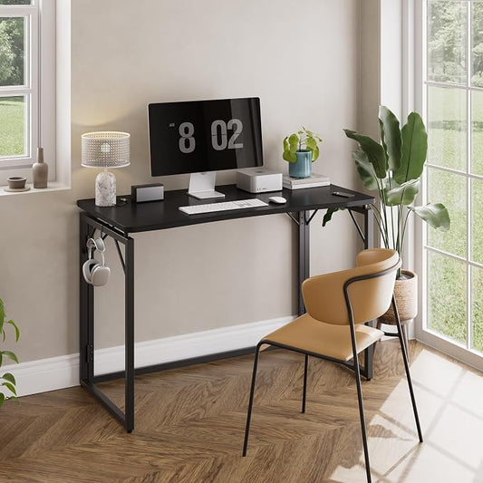 JOYMOOP Black 31.5" Folding Desk, No Assembly Small Foldable Desk for Home, Office, Wooden Top Folding Computer Desk for Working, Writing, Studying