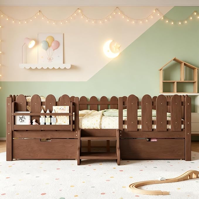 Bellemave Queen Kids Montessori Bed with Stairs, Bookshelf and LED Lights, Solid Wood Kids Bed Frame with Storage Drawers for Boys Girls, Low Profile,Deep Natural