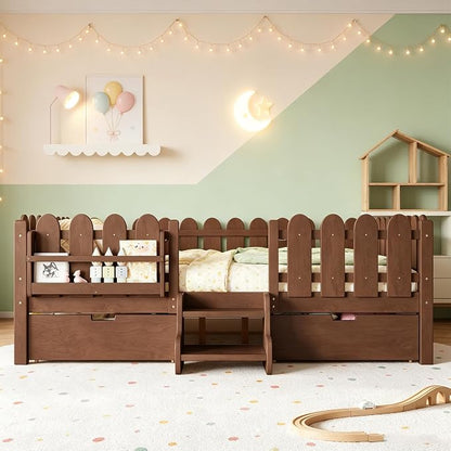 Bellemave Queen Kids Montessori Bed with Stairs, Bookshelf and LED Lights, Solid Wood Kids Bed Frame with Storage Drawers for Boys Girls, Low Profile,Deep Natural