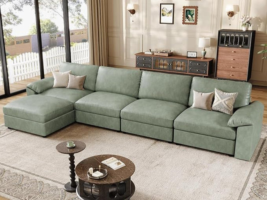 EASE MOOSE Oversized Modular Sectional Sofa,Leather Sectional Couch with Deep Seat,Extra Large L Shaped Couch,Classic Comfy Scratch Resistant Faux Leather Material Sofa for Living Room,Green
