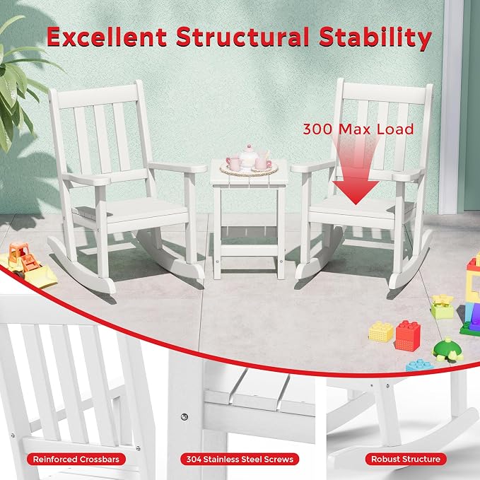 Costaelm Paradise Kids 3-Piece Outdoor HDPE Plastic Square Side Table and Rocking Chairs Set, White