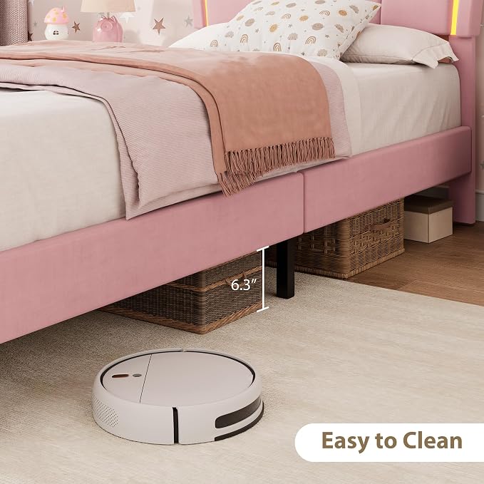 Garvee Twin Bed Frame with Storage, Upholstered LED Bed Frame with Headboard, Cute Velvet Platform Bed Frame for Kids, Girls, Solids Wood Slats Support, No Box Spring Needed, Easy Assembly, Pink