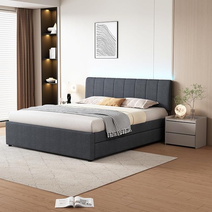 Queen Size Upholstered Platform Bed with Pull-Out Trundle Bed | Twin Size Trundle, LED Lighting Controlled by APP, USB+Type-C Charging Ports, Linen Upholstered Bed Frame,Dark Grey