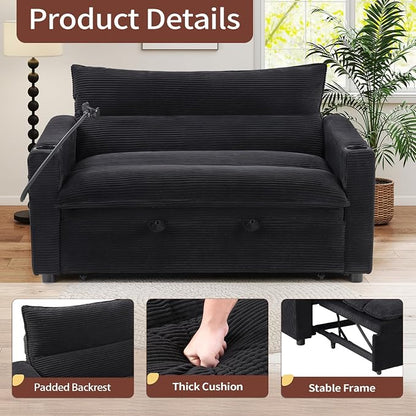 HAOMARKETS 3-in-1 Convertible Loveseat Sleeper Sofa Bed, 2-Seat Pull Out Couch with Cup Holders, Phone Holder and USB Ports, Corduroy 3-Level Adjustable Backrest Couches for Living Room, Black
