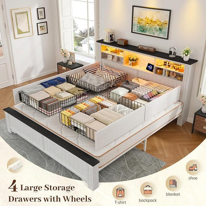 EnHomee King Bed Frame with Headboard and 4 Storage Drawers, LED Lights & Charging Ports,No Box Spring Needed for Big House,Noise-Free,Wooden, White