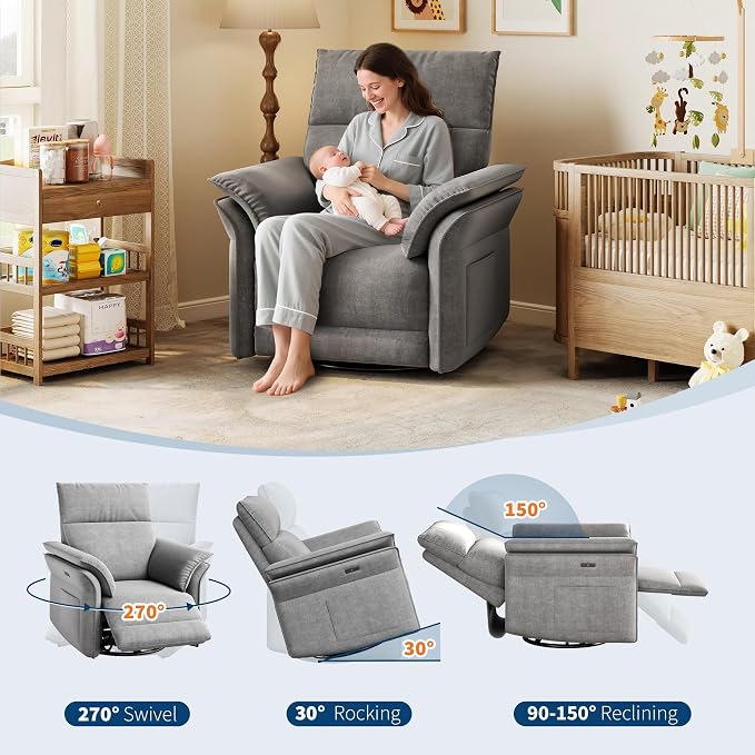 IDEALHOUSE Power Recliner Chair, 270 °Swivel Rocking Glider with USB Charging Port, Chenille Upholstered Fabric and Double-Layer Armrests, Nursery Chair for Living Room, Nursery(Gray)