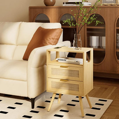 JOONEE Rattan Nightstand with Charging Station,Farmhouse Bedside Table with 2 Storage Drawer and Open Wood Shelf, for Bedroom and Small Spaces,Night Stand with Solid Wood Legs (Yellow Oak-Outlet)