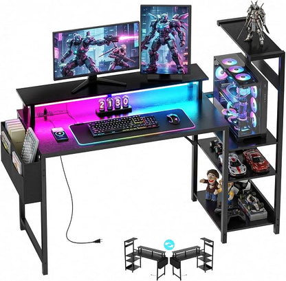 Apicizon 47 Inch Gaming Desk with LED Setup Style, Computer Desk with Storage Shelves & Monitor Stand, Reversible Workstation for Small Space, Home Office Desk with Side Pocket