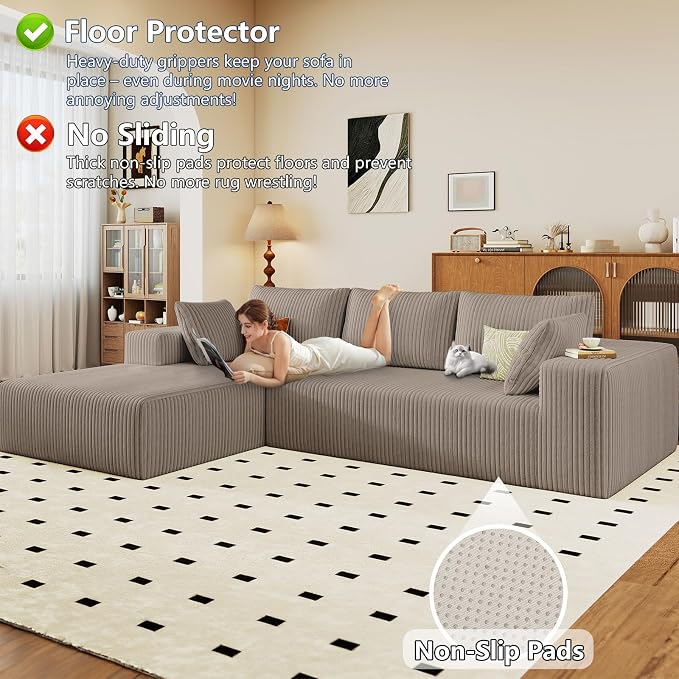 96" Modular Sectional Sofa, Modern Corduroy Cloud Couch with Deep Seat, Boneless Couch Upholstered 3-Seater L-Shaped Sofa for Living Room, No Assembly Required (Camel, Left-Facing Chaise)