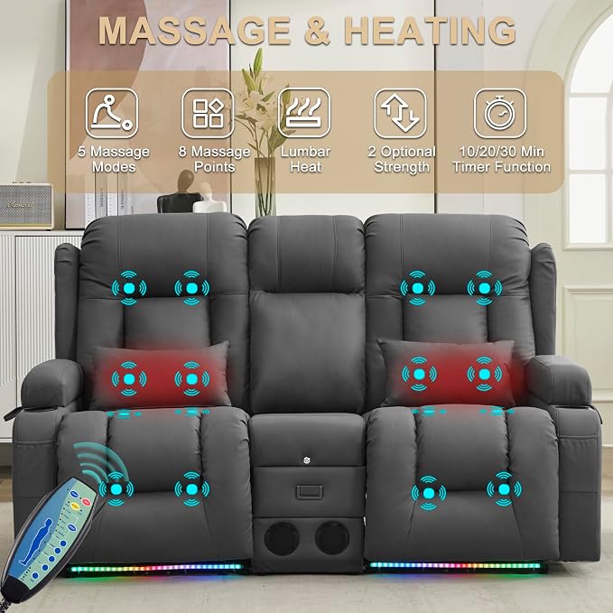 URRED Power Loveseat Recliner Sofa with Massage and Heat, Wall Hugger Reclining Loveseat with Console, RV Couch Home Theater Seating with LED Lights for Living Room (Grey, 67" - 2 Seats)