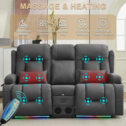 URRED Power Loveseat Recliner Sofa with Massage and Heat, Wall Hugger Reclining Loveseat with Console, RV Couch Home Theater Seating with LED Lights for Living Room (Grey, 67" - 2 Seats)