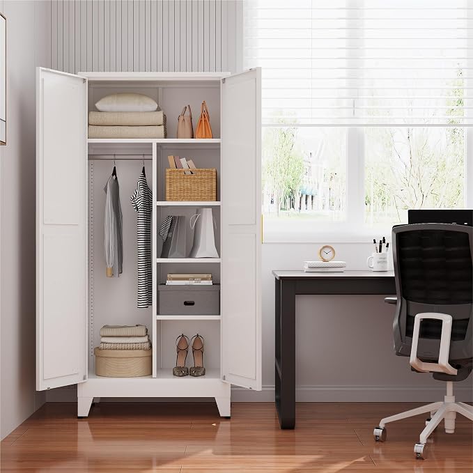 Metal armoire Wardrobe Closet with Hanging Rod,71'' Metal Wardrobe Cabinet with 2 Doors and 4 Adjustable Shelves, Bedroom armoires,Laundry Room cabinets,armario de ropa Closet(Modern, White)