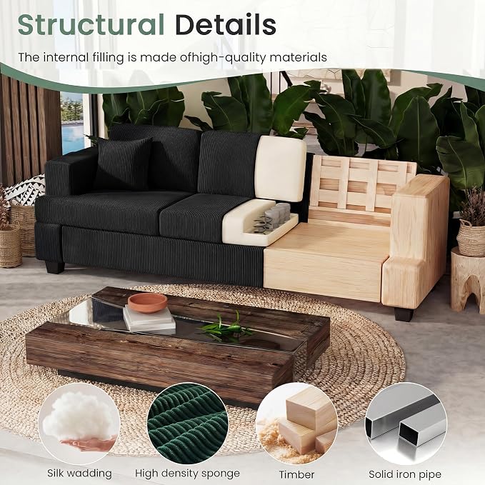 3 Seater Corduroy Couch for Living Room, 89” Black Cloud Sofa, Deep Seat Floor Couch for Bedroom, Futon Modern Sofa Sectional Bed, Black Corduroy