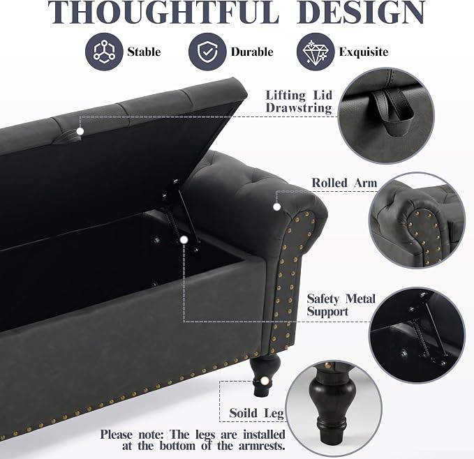 51" Storage Bench for Bedroom, Upholstered Ottoman Bench, Leather DarkGray | End of Bed Bench for Bedroom, Window Benches for Living Room, Entryway, Ottoman with Large Storage Space, Pet Friendly