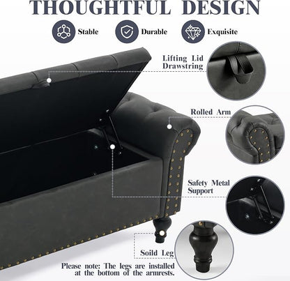 51" Storage Bench for Bedroom, Upholstered Ottoman Bench, Leather DarkGray | End of Bed Bench for Bedroom, Window Benches for Living Room, Entryway, Ottoman with Large Storage Space, Pet Friendly