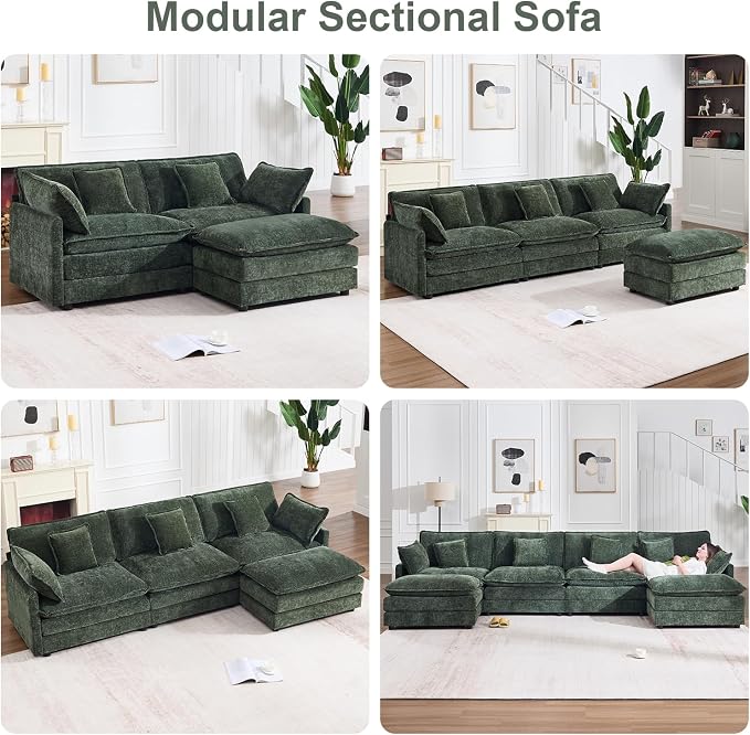 Modular Sectional Sofa with Ottoman, 76.7" Modern L Shaped Sectionals Cloud Couch, Comfy Couch Loveseat, 3 Seat Chenille Deep Seat Sofa with Pillow for Living Room,Bedroom Apartment,Small Spaces-Green