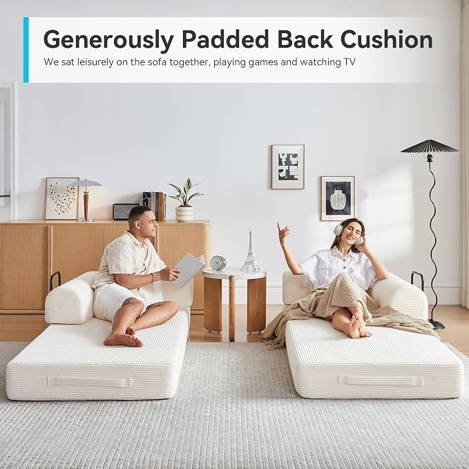 Convertible Folding Couch, 5-in-1 Futon Sofa with Armrests, Convertible Sleeper Sofa Bed Comfy Fold Out Bed for Living Room, Bedroom,Guest, Office, No Assembly Sofa for Small Spaces(Beige White)