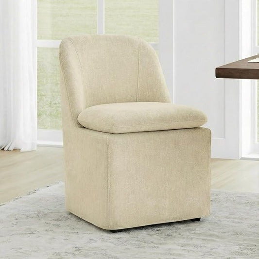 KISLOT Upholstered Dining Chairs Set of 1 with Casters, Modern Side Armless Deskchair with Washable Slipcover & Sturdy Metal Frame for Diningroom Bedroom Livingroom Reading Room, Sand Fabric